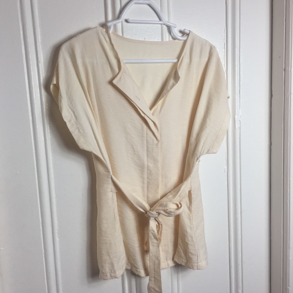 Cream ivory silky button up tie waist blouse top - Picture 2 of 4
